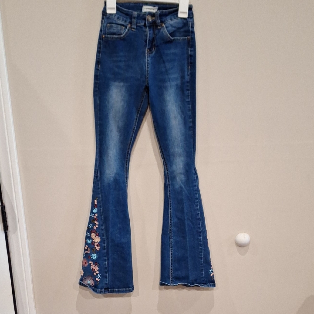 BAMBOO Blue Flare Jeans with Floral Embroidery